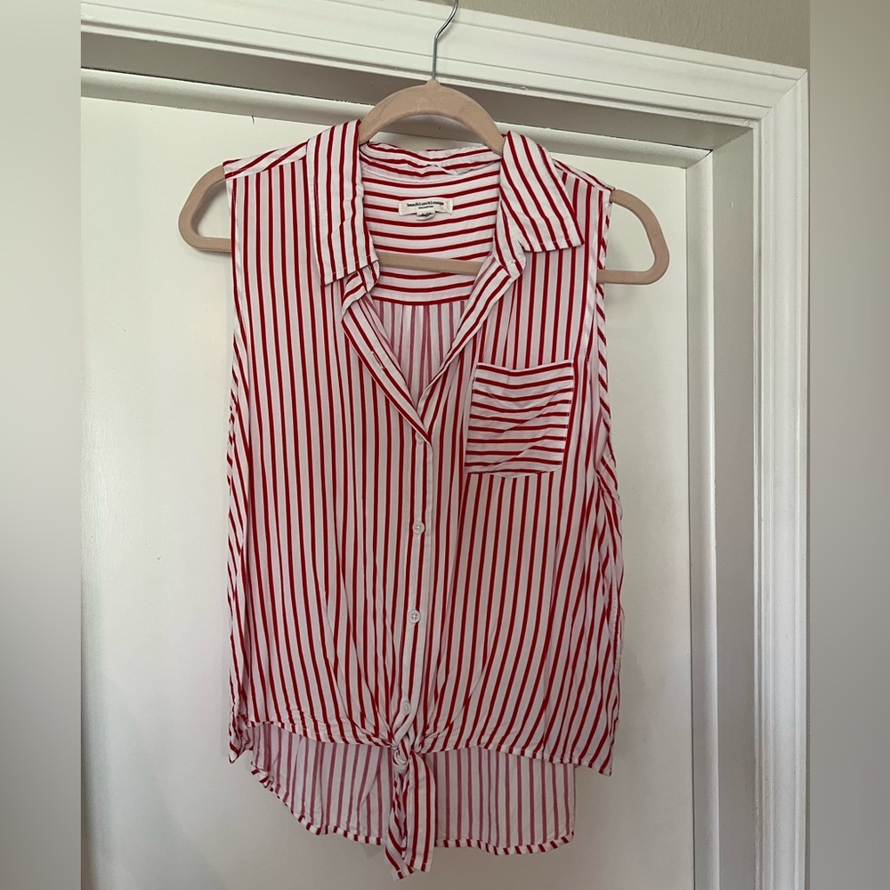Red Striped Sleeveless Button-Up Top